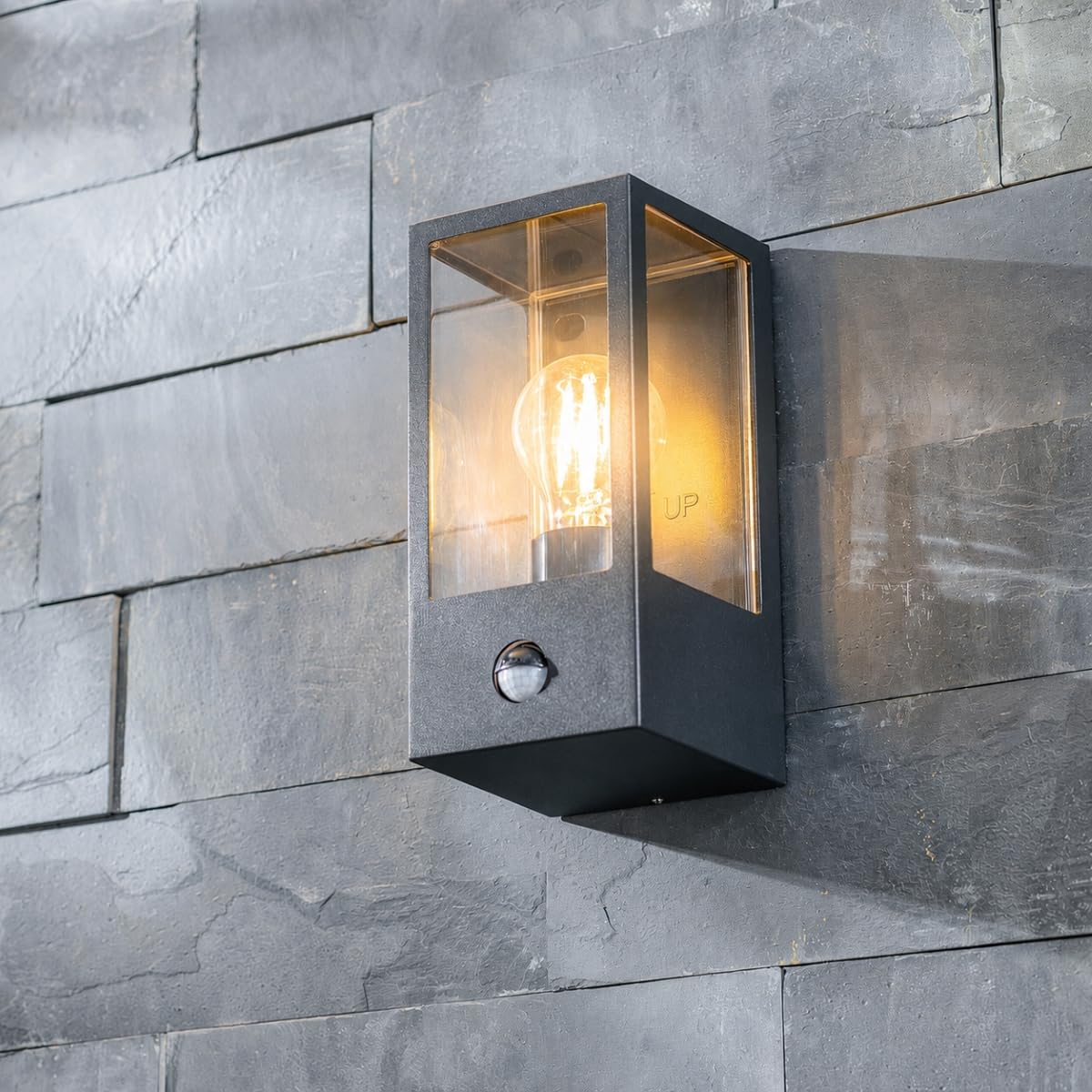 CGC Lighting Outdoor Outside Wall Light Contemporary Box Lantern Garden Porch Post Driveway Patio Lamp Weatherproof (Black Aluminium PIR)