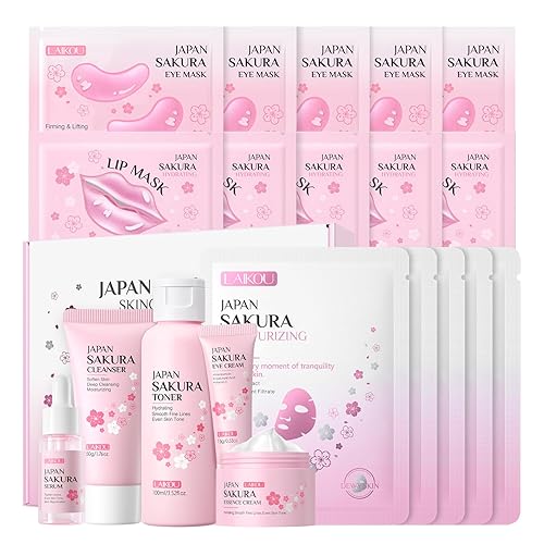 Miniatura 14 de LAIKOU Juego de Cuidado de la Piel JAPAN SAKURA - Juego de regalo de belleza para el cuidado de la piel con suero, crema para ojos, crema facial,
