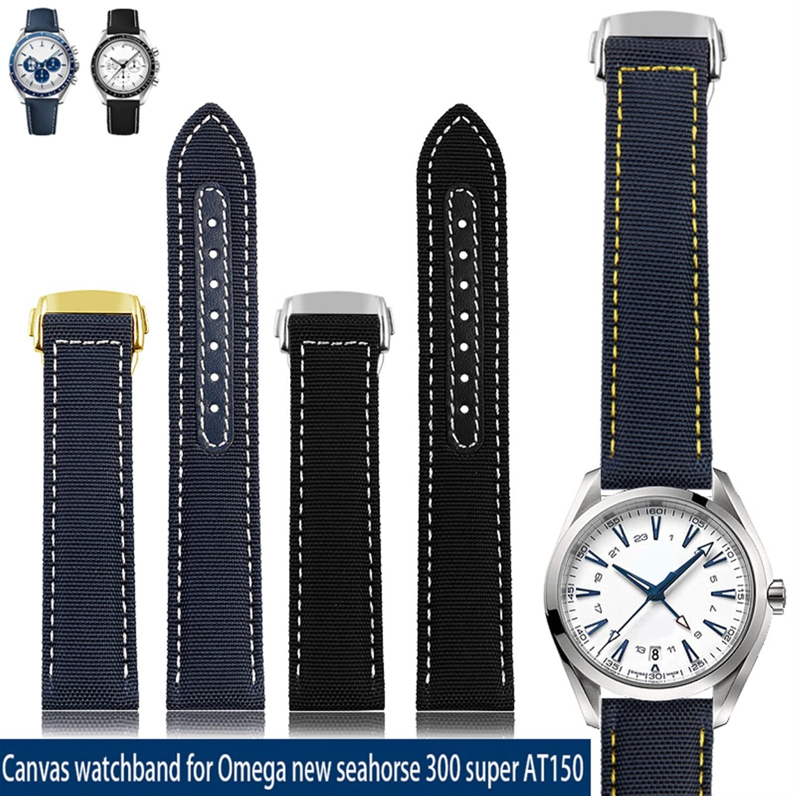 19 mm 20 mm tkany płócienny pasek do zegarka Omega Seamaster 300 AT150 tkanina skóra nylon AQUA TERRA 150 niebieski czarny pasek do zegarka, 19mm, Agat