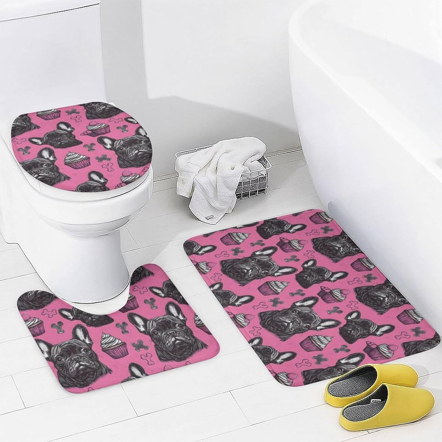 4Pcs Bathroom Sets with Shower Curtain and Rugs, French Bulldog Pink Cake Print Bathrooms Shower Curtain Sets with Toilet Lid Cover and Non-Slip Rugs, Bathroom Decor Set Accessories