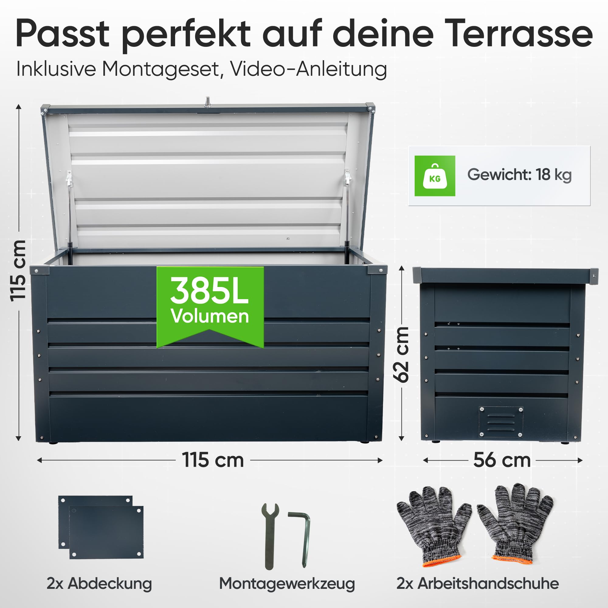 Auflagenbox [Wasserdicht] 385L Metall Gartenbox Kissenbox Outdoor Belüftet für Terrasse Garten Balkon Polsteraufbewahrung Wetterfest Abschließbar XXL Gartentruhe