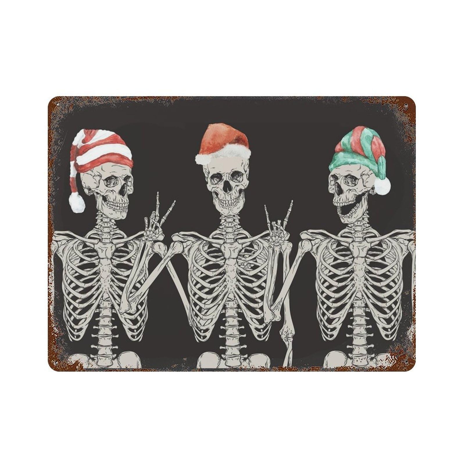 xiaoxiaoshen Gothic Christmas Skeleton Wall Art, Watercolor Santa Hat Skeletons Wall Decor Art Metal Tin Poster Modern Home Decor Art Home Bar Shop Decorations Vintage Sign 30x40cm