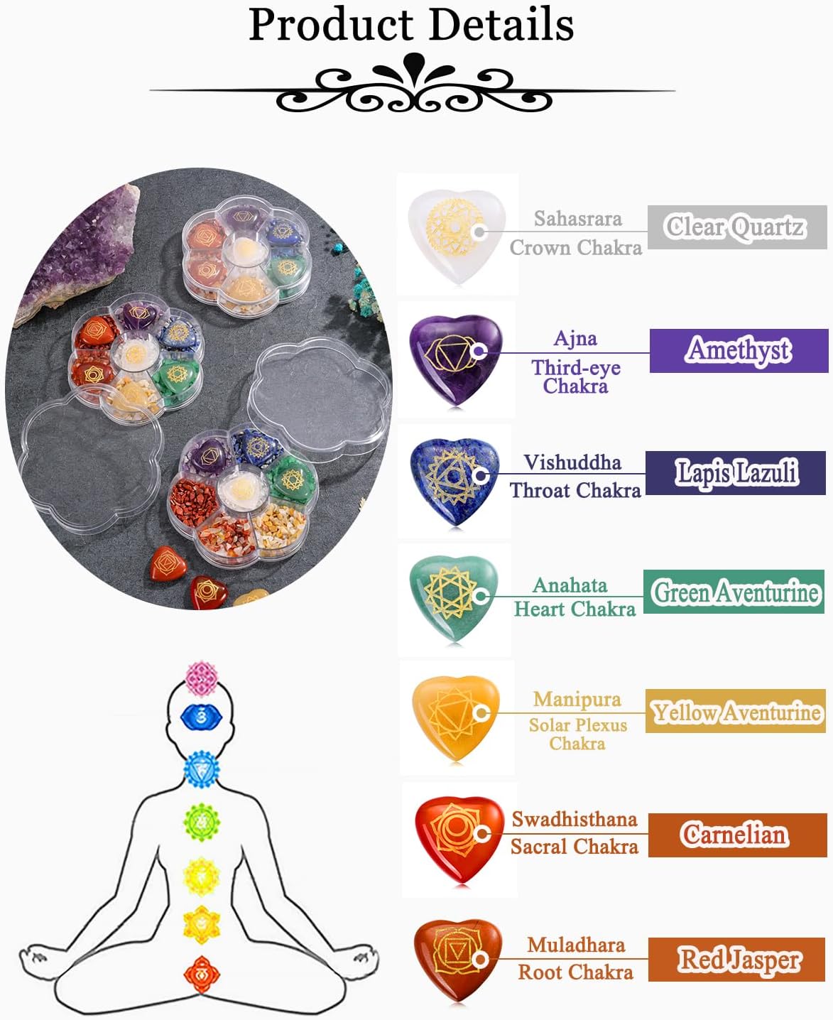 MANIFO 7 Chakra Crystal Stones Set Healing Crystals Gemstones with Heart Shape Engraved Chakra Symbol Polished Chakra Stone for Meditation Balancing Gift for Christmas