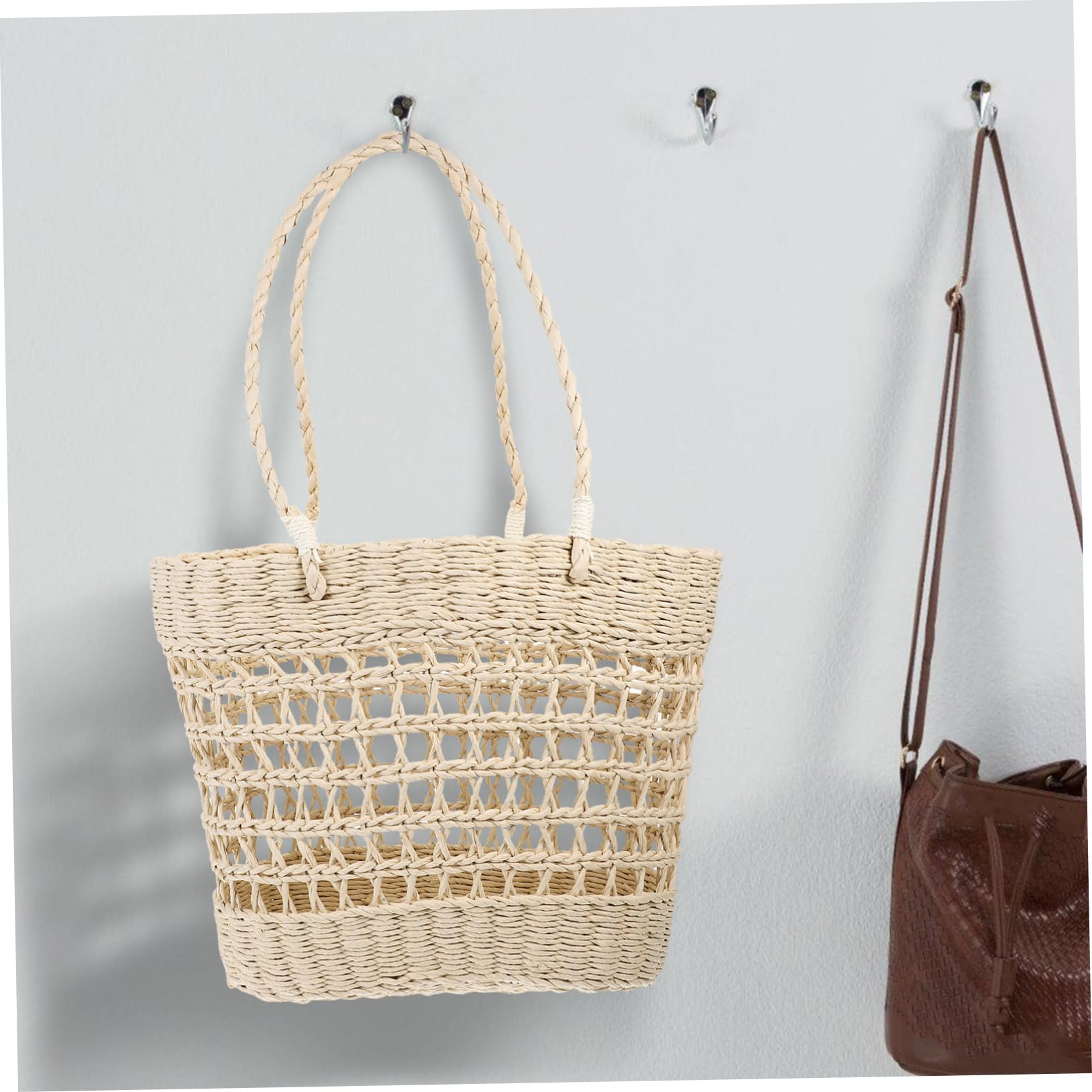 Große Gewebte Strandtasche für Damen Leichte Papierkordel Beige Geräumig für Strand und Wandern Umhängetasche Stroh Damen