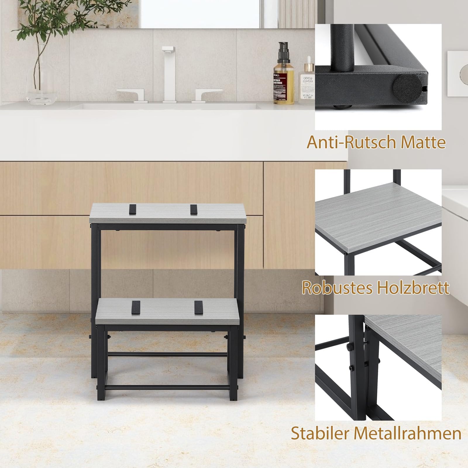 smusei Sgabello pieghevole a 2 gradini, per adulti e bambini, 3 in 1, stabile, in legno, rimovibile, per cucina, bagno, camera da letto, WC, capacità di carico 200 kg, colore: grigio