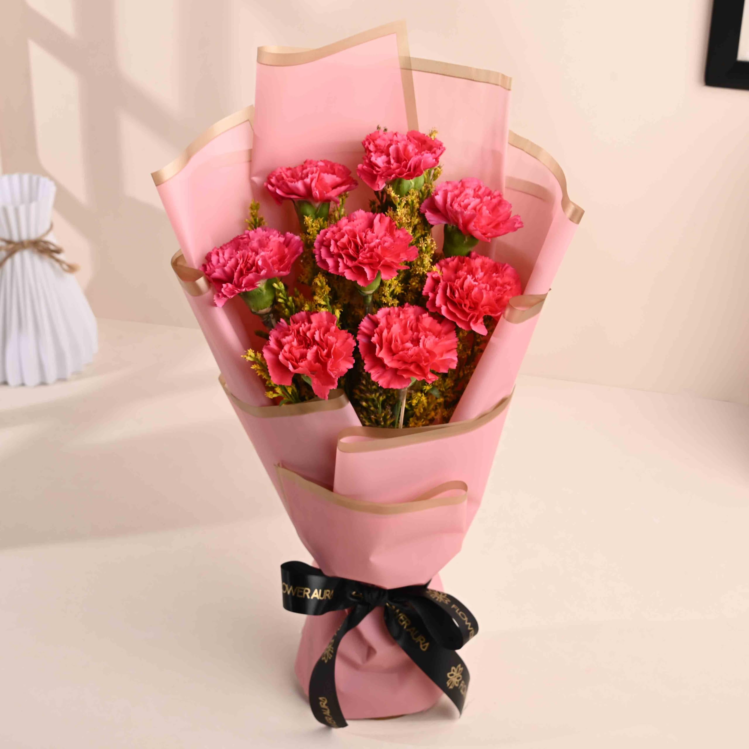 FlowerAura Fresh Live Flower Bouquet of 8 Pink Carnations Flowers For Birthday Gift, Anniversary Gift, Women's Day Gift, Valentine's Day Gift & Gift For Special Occasion (Same Day Delivery)-image-12
