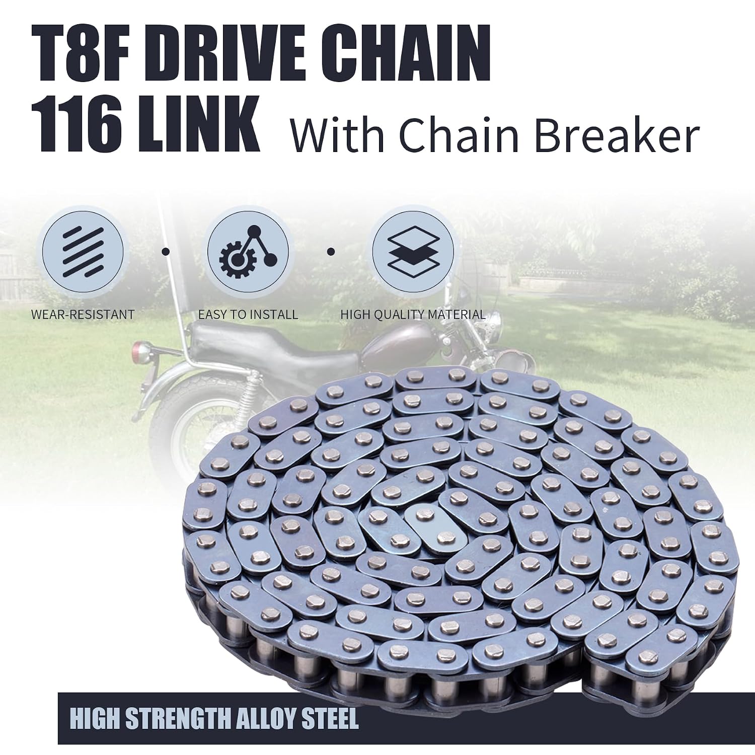 T8F Drive Chain 116 Link with Chain Breaker for 43cc 47cc 49cc 2-Stroke Pocket Rocket Bike Mini Chopper 50cc SSR SX50 Syx Moto Holeshot MotoTec Xtreme Xpro Kids Pit Dirt Bike ATV Quad Parts