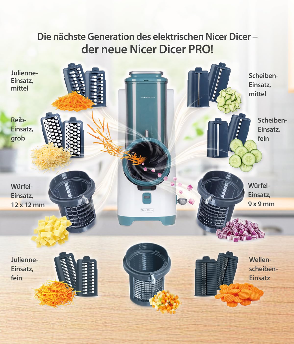 Genius Nicer Dicer Electro PRO Set 32-tlg., sage, Gemüseschneider elektrisch mit 9 Einsätzen zum Reiben, Hobeln, Würfeln & Schneiden, extra-scharfe Klingen, einfache Reinigung, leistungsstark
