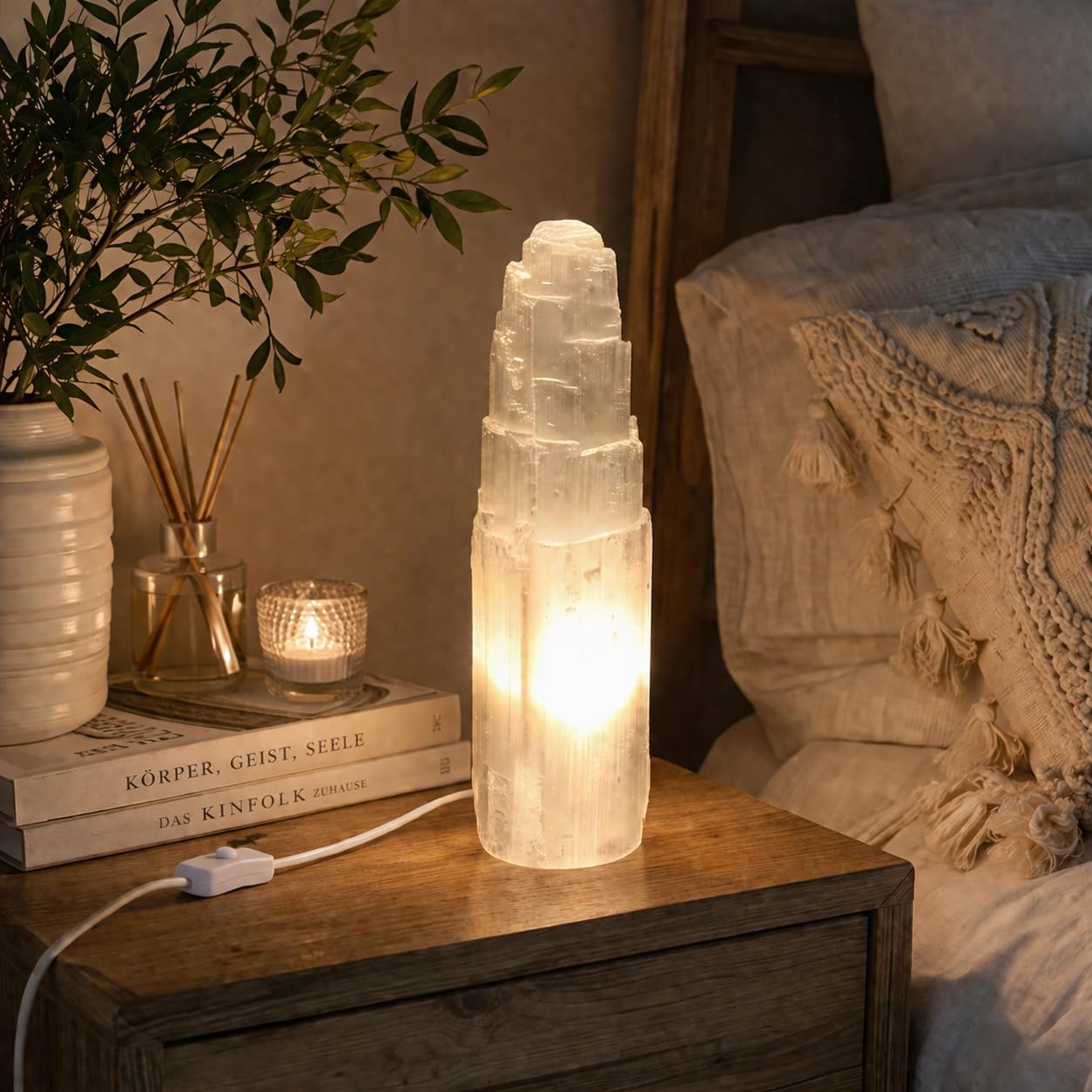 Lámpara de Torre de Selenita, Grande, Blanco Natural, Curación, Claridad y Meditación, Lámpara de Mesa de Cristal, Piedra Preciosa, Regalo, Mineral, Decorativo (35 cm)