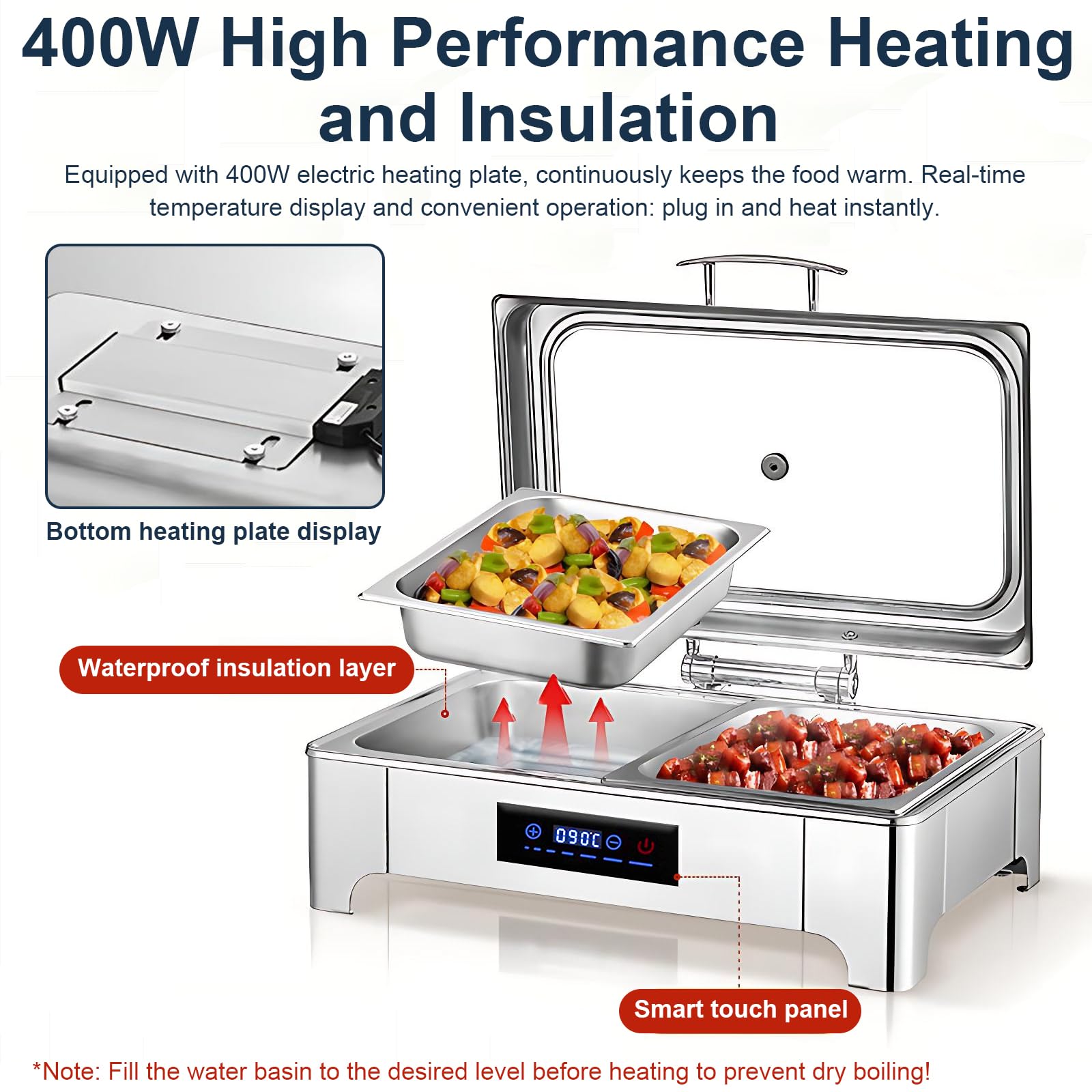Chafing Dish Buffet Elettrico 9L, Temperatura Regolabile(B,1/2 Pan) | Scaldavivande Elettrico Professionale per Buffet in Acciaio Inox per Buffet, Ristoranti, Hotel