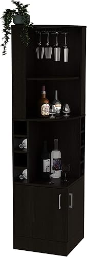 Miniatura 4 de The Seattle - Armario esquinero para bar con 3 estantes abiertos, estante de cristal, 8 cubos de botellas y puertas dobles, color negro