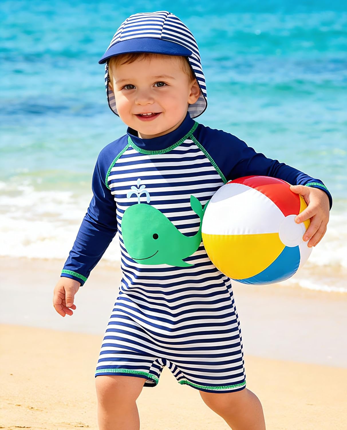 uideazone Baby Boys One Piece Swimsuit Long Sleeve UPF 50+ Rash Guard Bathing Suit Swimwear with Sun Hat 3-24 Months - Image 3