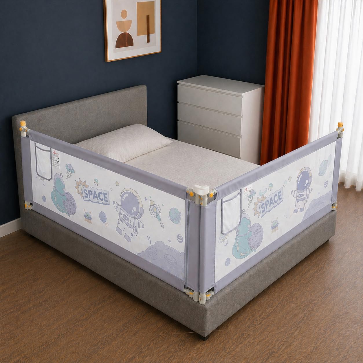 Evafly Bed Railing for Baby Safety Astronaut Print 2 Sides, L-180cm x Adjust Height Between 68-93cm, Two Side Bed Rail for Infant & Toddler's Safety-Grey-image-45