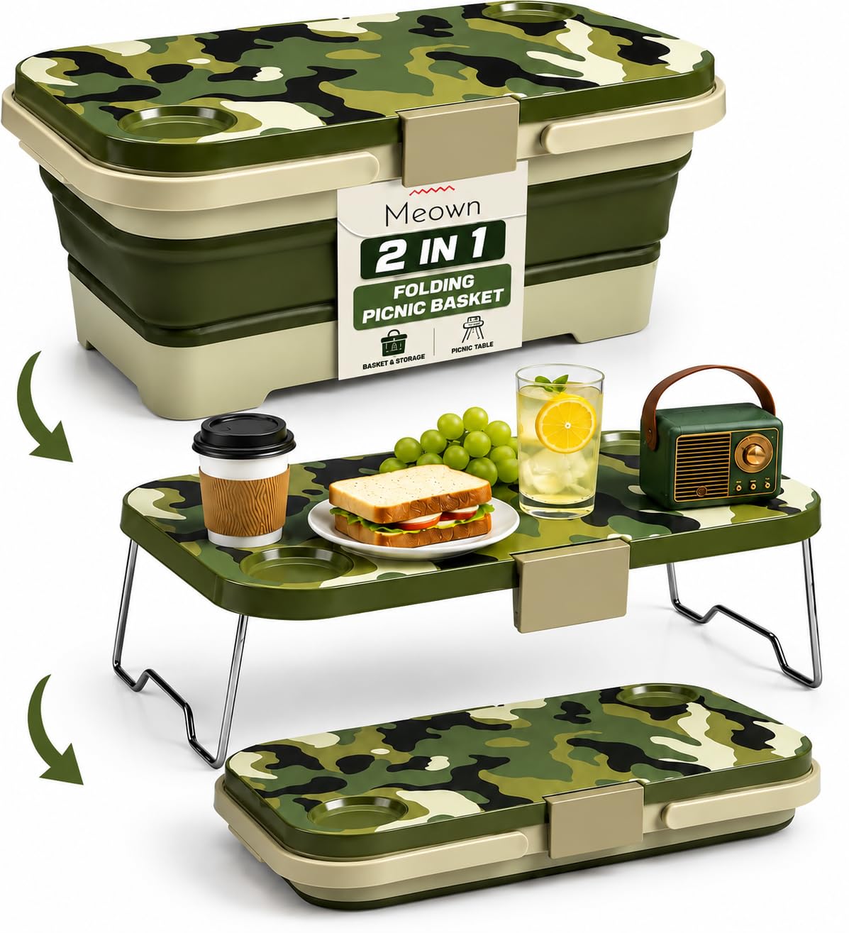 MEOWN 20L Collapsible Picnic Basket with Lid, Cup Holders and Table Stand