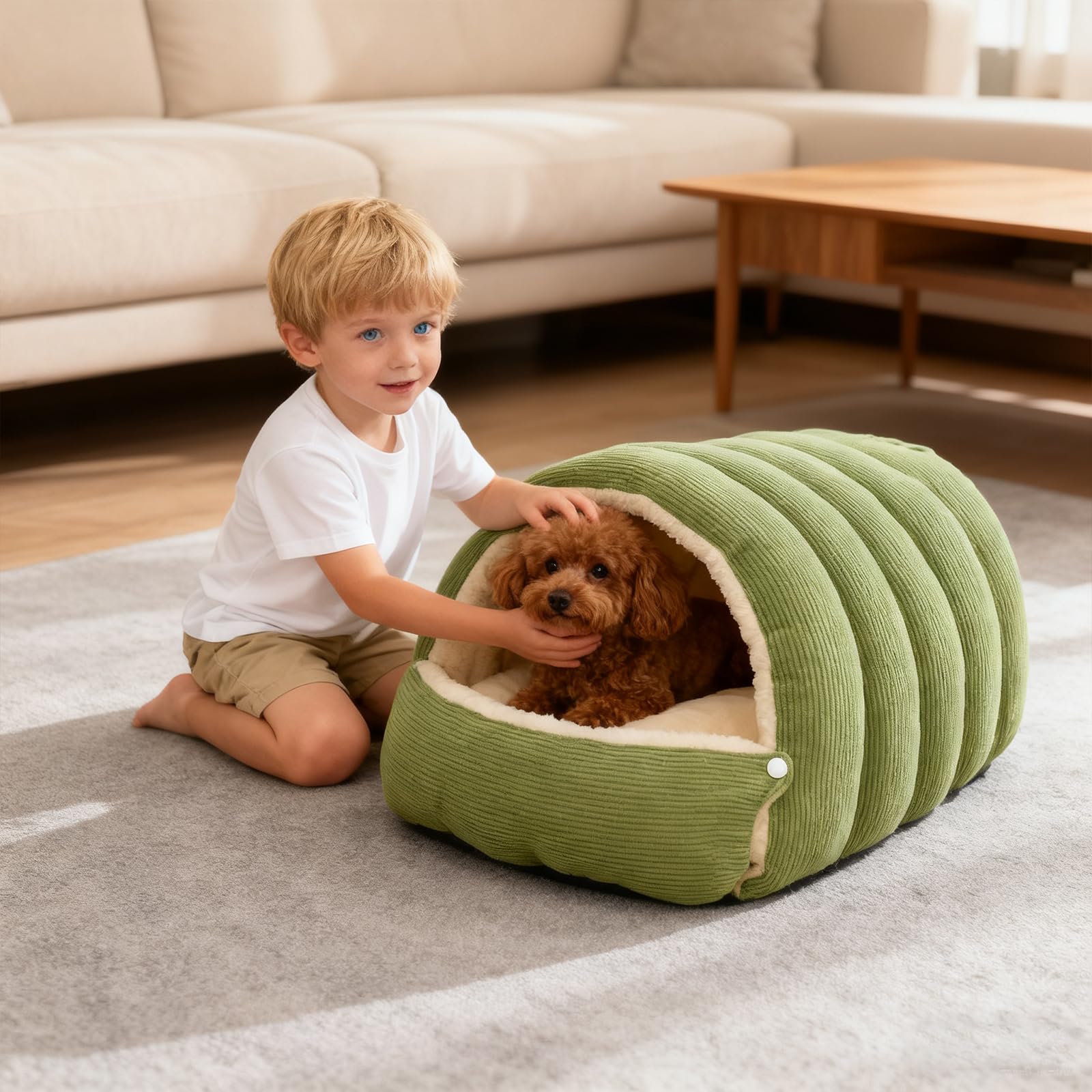 PETCUTE Niche pour Chien 2 en 1,Lit pour Chat d'intérieur,Niche Confortable pour Chien en Forme De Nid,Semi-fermé,Lit Igloo Amovible Lavable pour Chiens et Chats avec Bouton-Pression,Vert,M