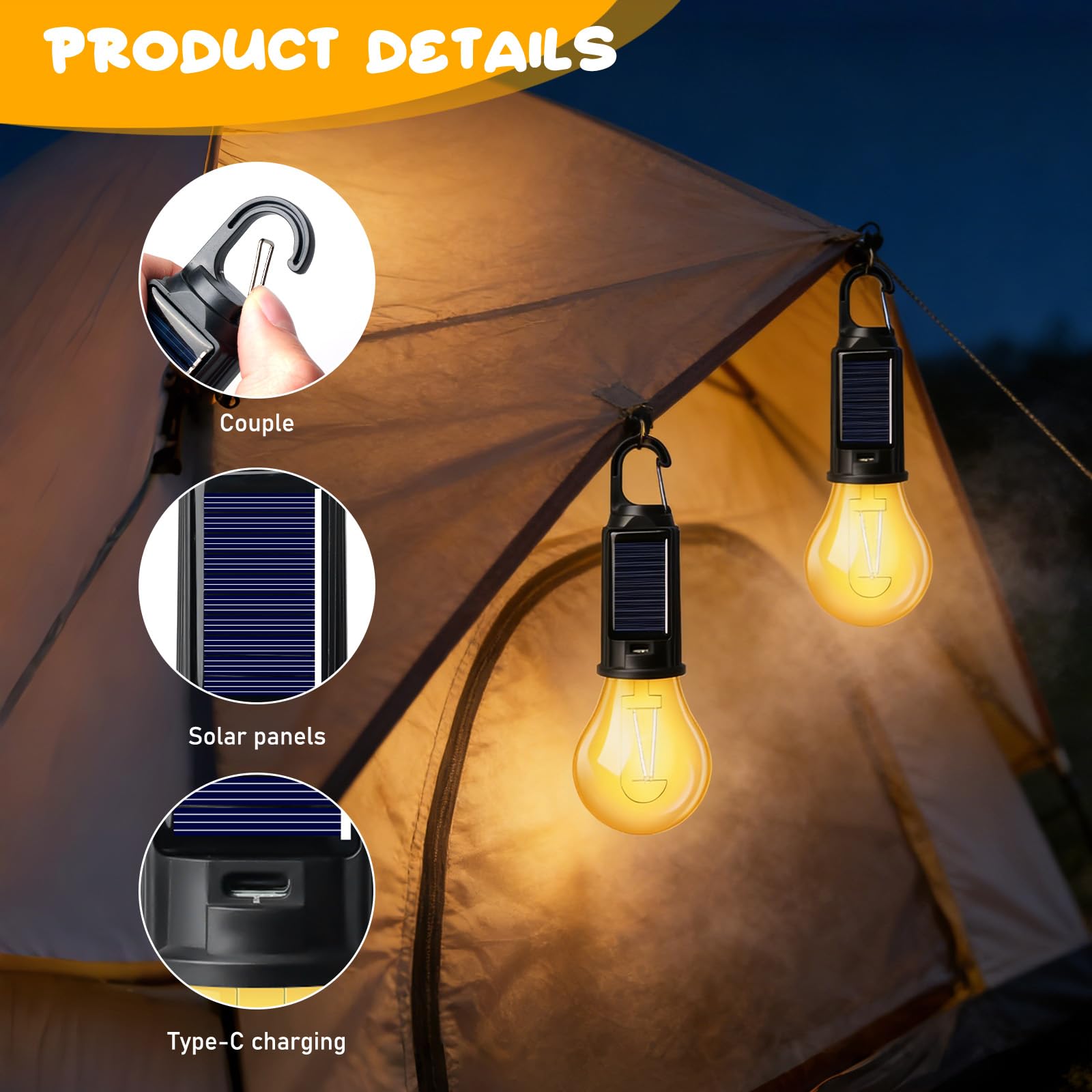 5 lampes de camping rechargeables, ampoules solaires LED avec télécommande, lampes de camping étanches avec 3 modes de luminosité, lampes de tente rechargeables pour le camping activités de plein air