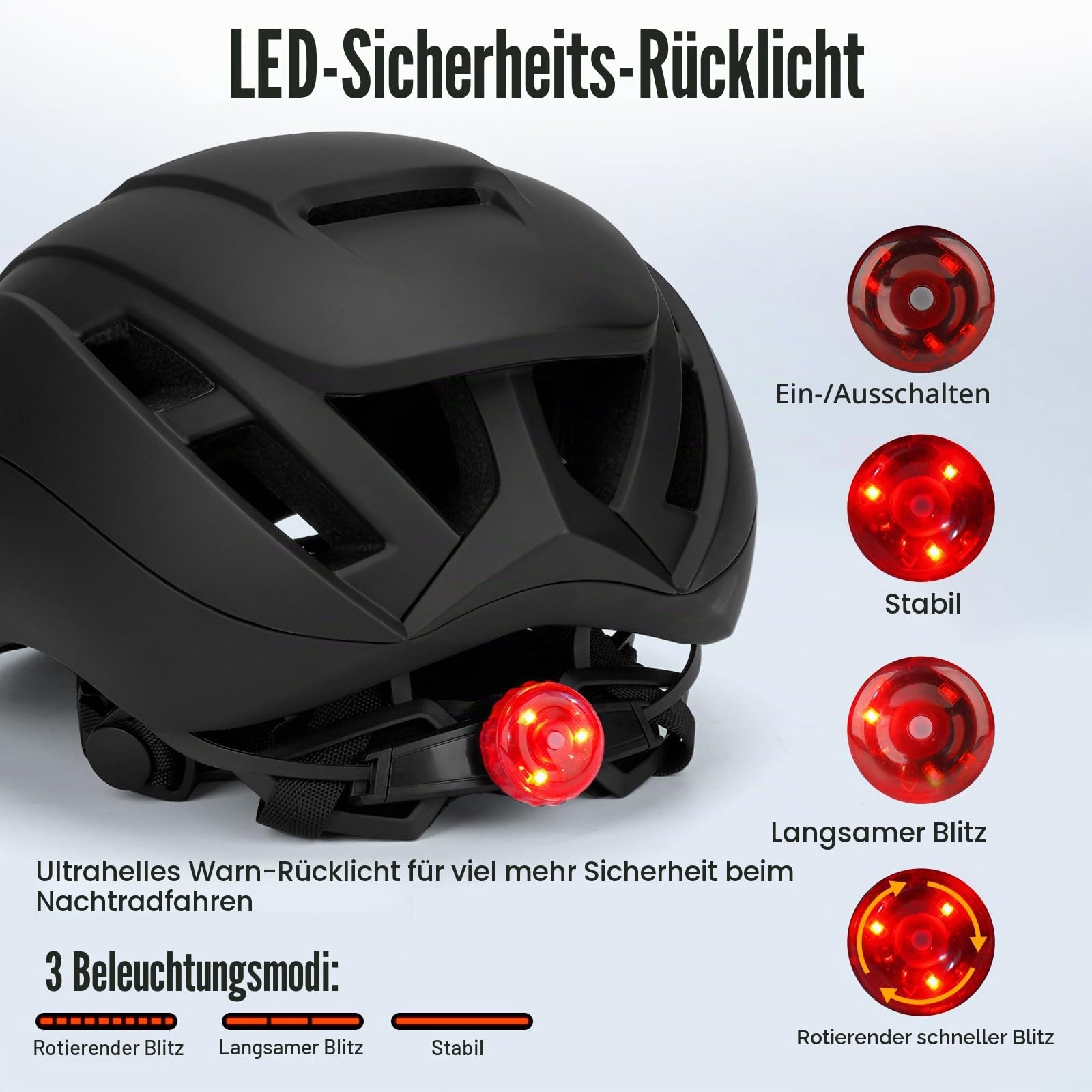 Fahrradhelm Erwachsene mit Licht, Leichter Radhelm, Rennradhelm, Cityhelm Urban Verstellbarer Fahrradhelm für Damen und Herren, Fahrrad Helm mit 14 Belüftungskanäle 54-60CM