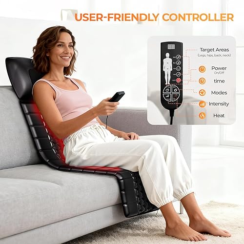 Miniatura 3 de Shiatsu - Alfombrilla de masaje de cuerpo completo con calor, almohadilla masajeadora desmontable, 10 motores vibradores, 9 niveles de intensidad,