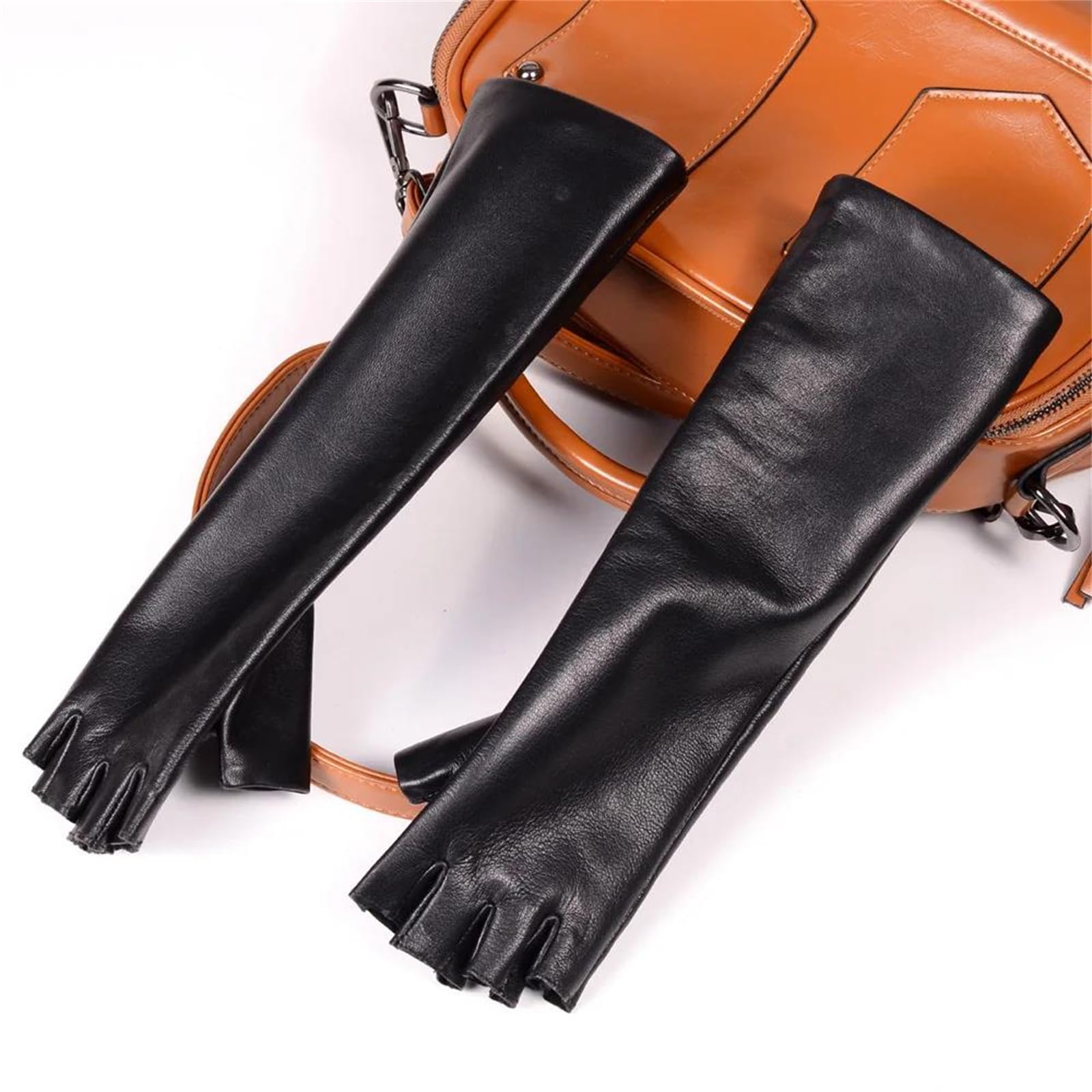 Guantes largos de piel de oveja auténtica para mujer, con medio dedo, longitud de ópera, formal, para fiesta de noche