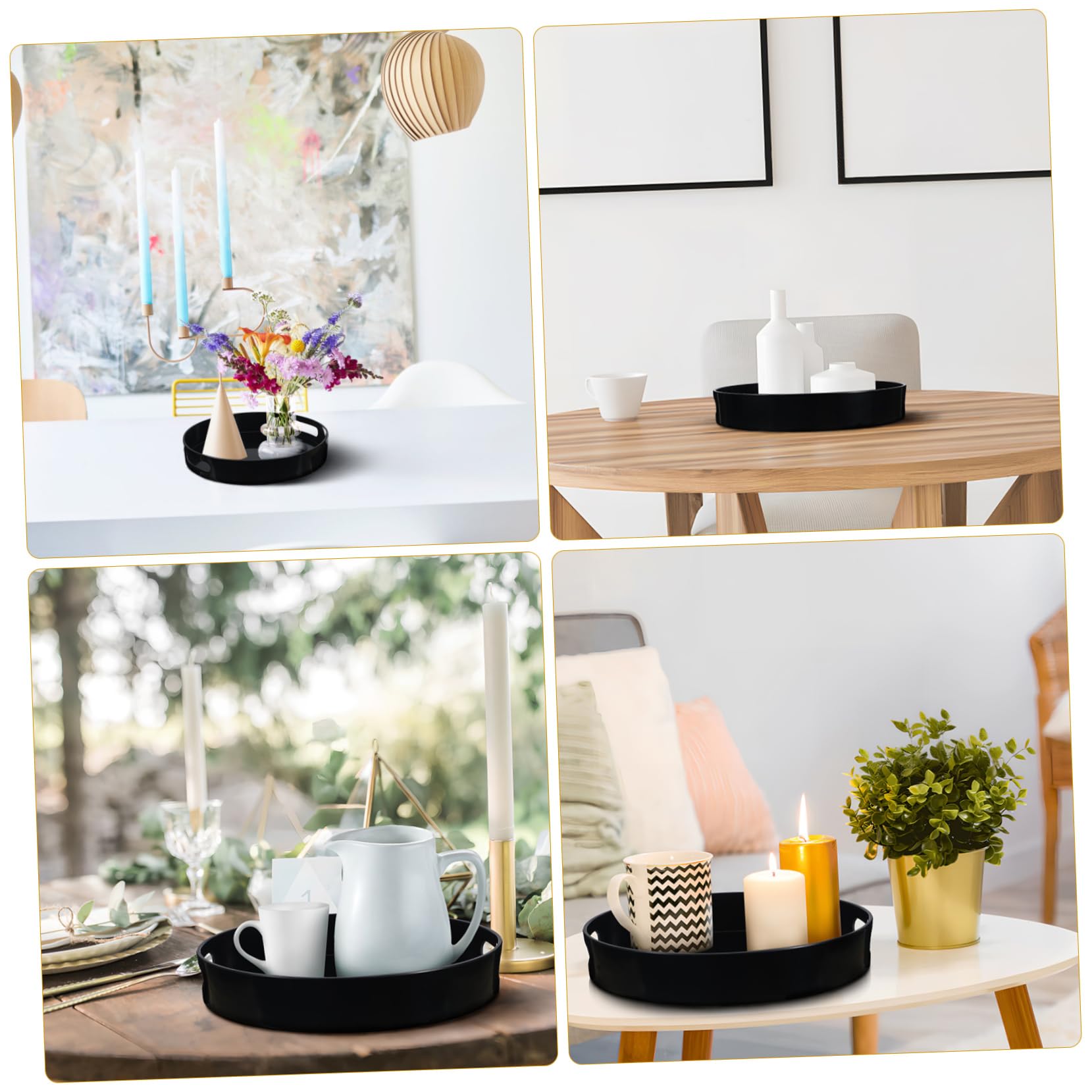 Bandeja Redonda Decorativa Mediana Negra con Asas de Plástico | Exhibir Objetos, Diseño Simple y Elegante, Fácil de Transportar, Uso Versátil en Hogar