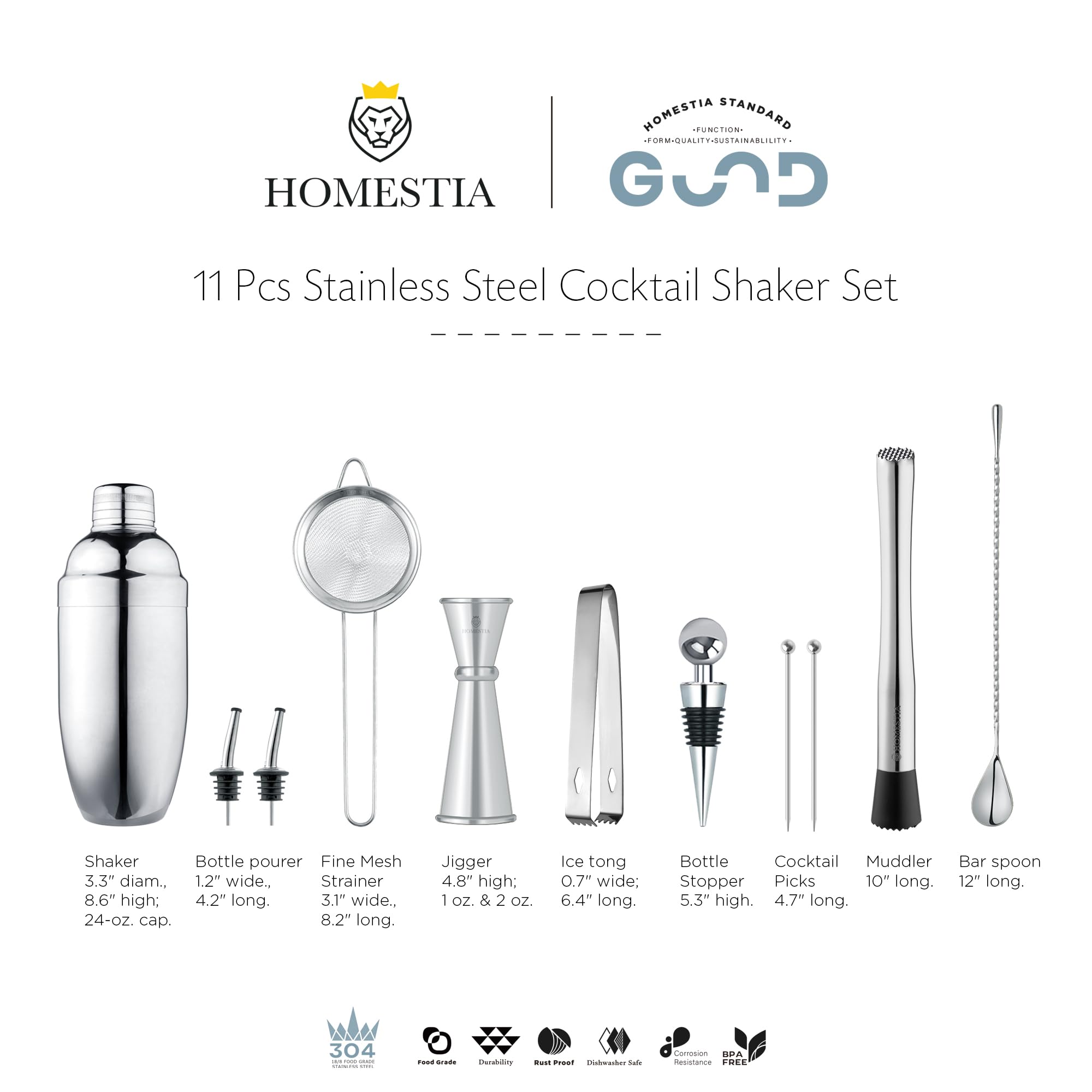 Homestia Juego de coctelera de 8 piezas, coctelera de acero inoxidable 304, coctelera de 680.4 g, kit de margarita, jigger, colador de malla fina (plateado)