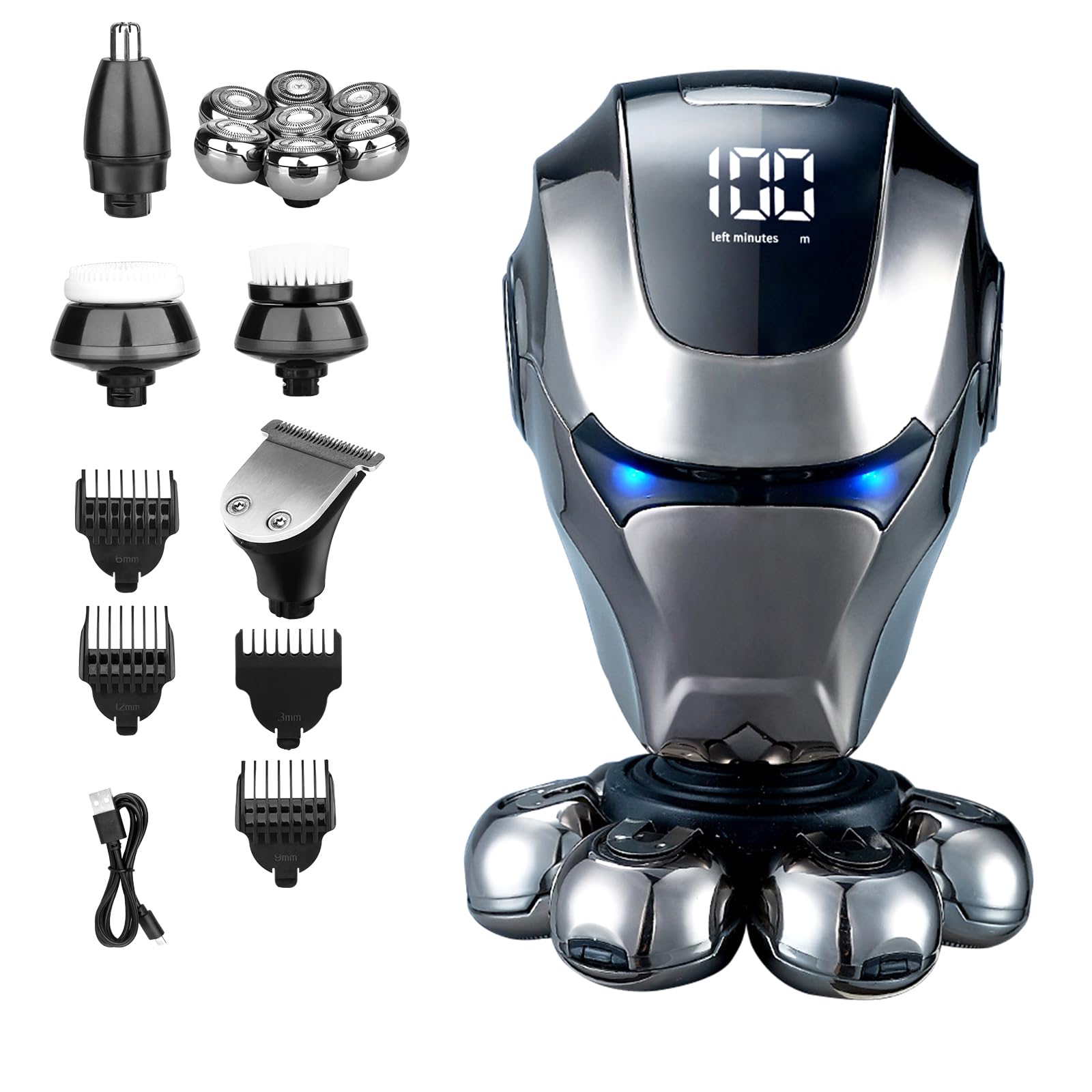 Upgrade 7D Electric Head Shaver for Bald Men, 6 in 1 Floating Head Shaver with Nose Hair, Sideburns Trimmer, Face Brush, Waterproof Wet/Dry, 7D Rotary Shaver with Type-C Charger and LED Display