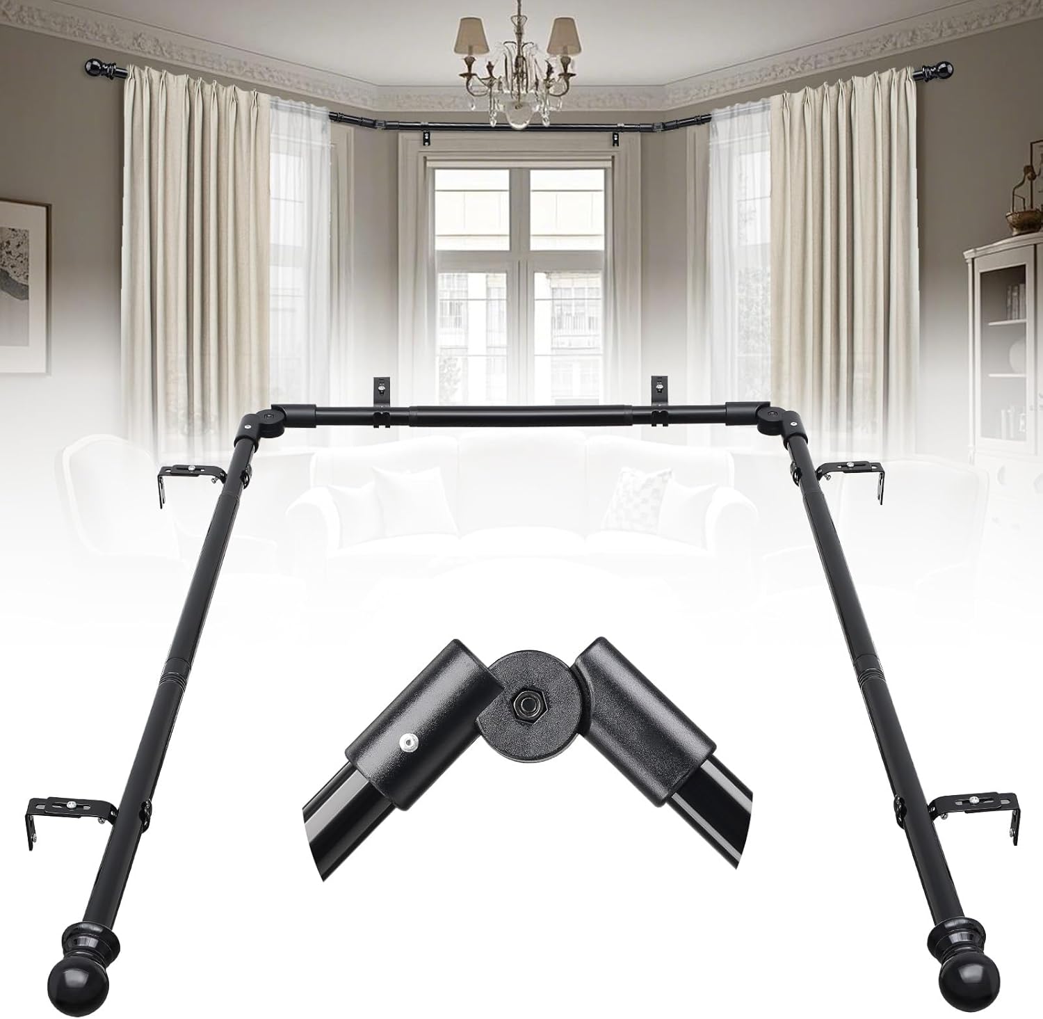 Bay Window Curtain Rods, 1 Inch 3 Sides Adjustable Curved Curtain Rods for Windows U shaped, 15-53 Inch Side Rods 25-78 Inch Center Rods Black Curtain Rods for Bay Windows Bedroom, Living Room
