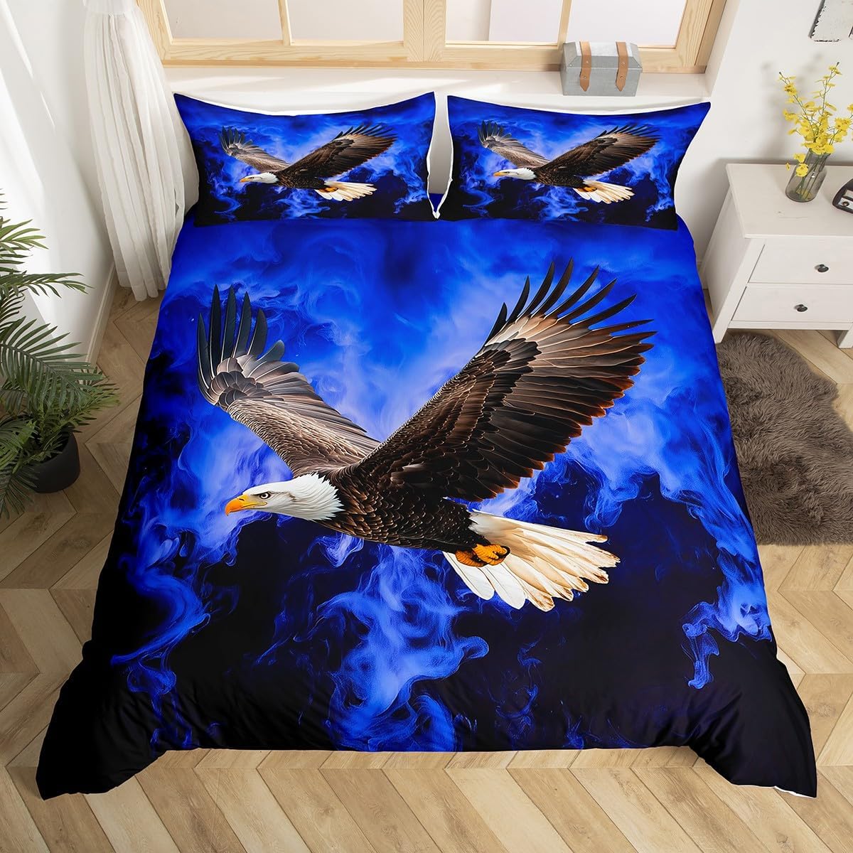 Homewish Eagle Print Duvet Cover Set Toddler Size,Retro Bird Animal Wildlife Reversible Quilt Cover for Kids Boys Girls Blue Fire Flame Smoke Black Bedding Set with 1 Pillowcase,No Comforter