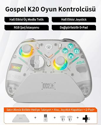 Coverzone Hall Efect Kablosuz Oyun Kolu, RGB Şarj İstasyonlu, 3 Modlu Hassas Tetik, Drift Önleyici Joystick, Değiştirilebilir D-Pad, Kablosuz Bluetooth 2.4G PC Konsol Uyumlu | Aolion K20 (Pembe)