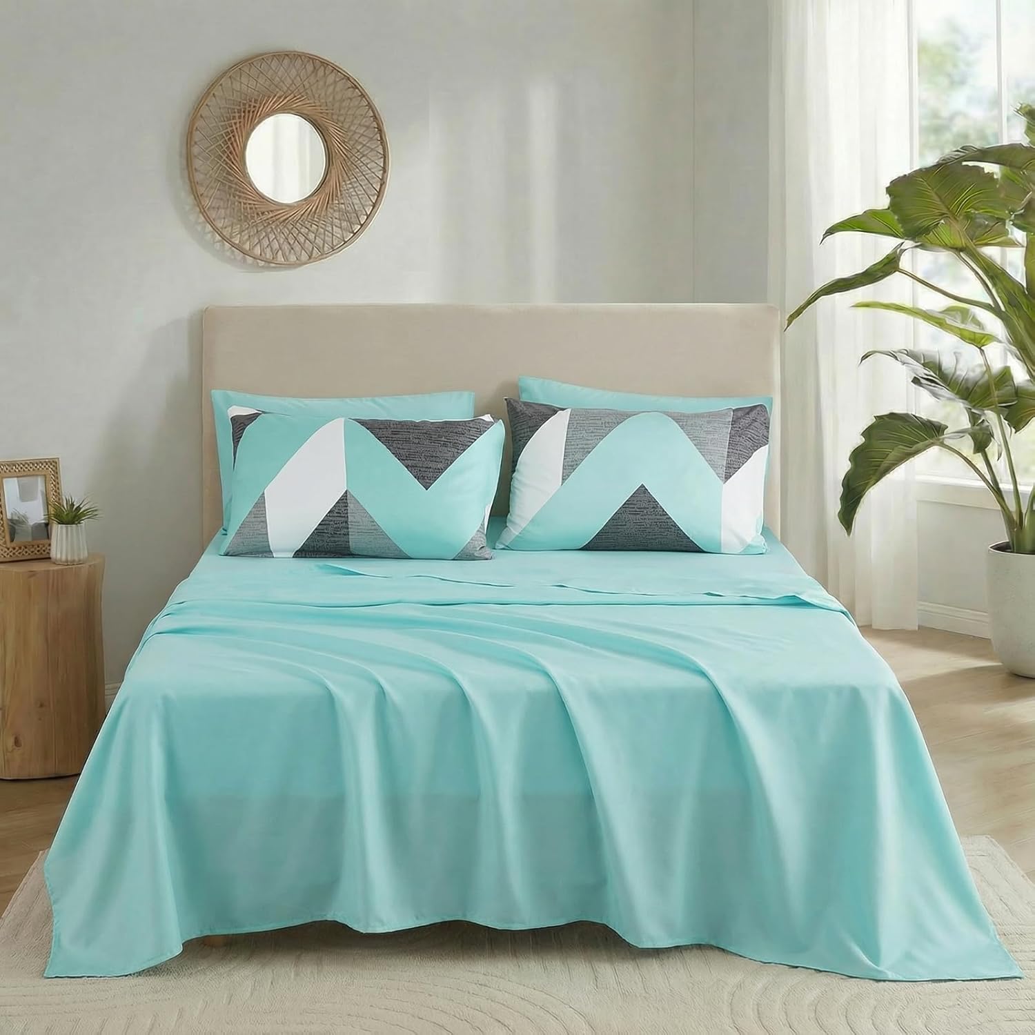 Bedbay Grey and Teal Comforter Set Teal Bedding Full Size Bed Sheets and Comforter Set Geometric Chevron Full Bed Set Soft Lightweight Comforter Bed in a Bag 8 Pieces(Teal&Grey,Full) - Image 7
