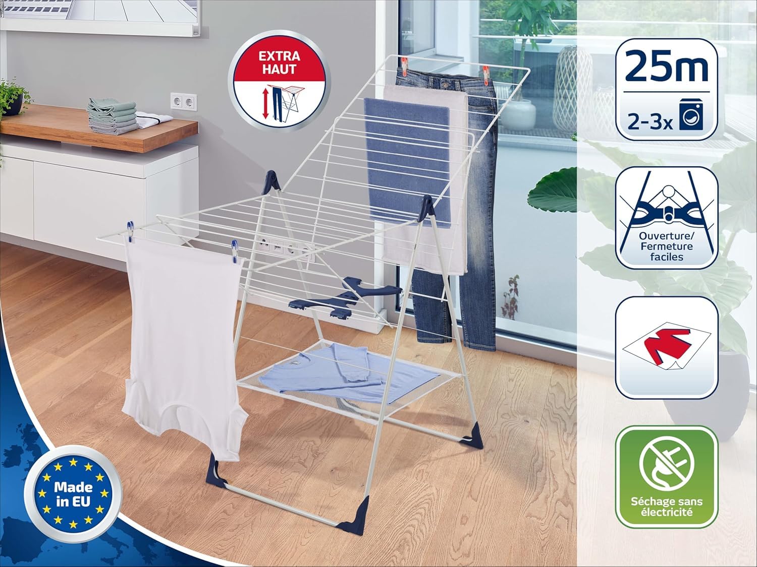 Leifheit Séchoir sur pied Classic 250 Flex, étendoir avec filet à linge, tancarville pliable et résistant aux intempéries, longueur d'étendage de 25 m