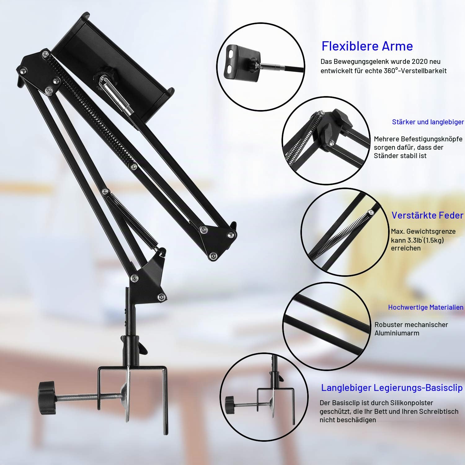 Tablet Ständer für Bett Tablet Halterung Bett Tablet-Ständerhalter 360 Grad Drehbarer mit Stabilem Aluminiumarm für iPad, Tablets, Telefone oder Andere Geräte mit 4,5 bis 12,9 Zoll Bildschirm