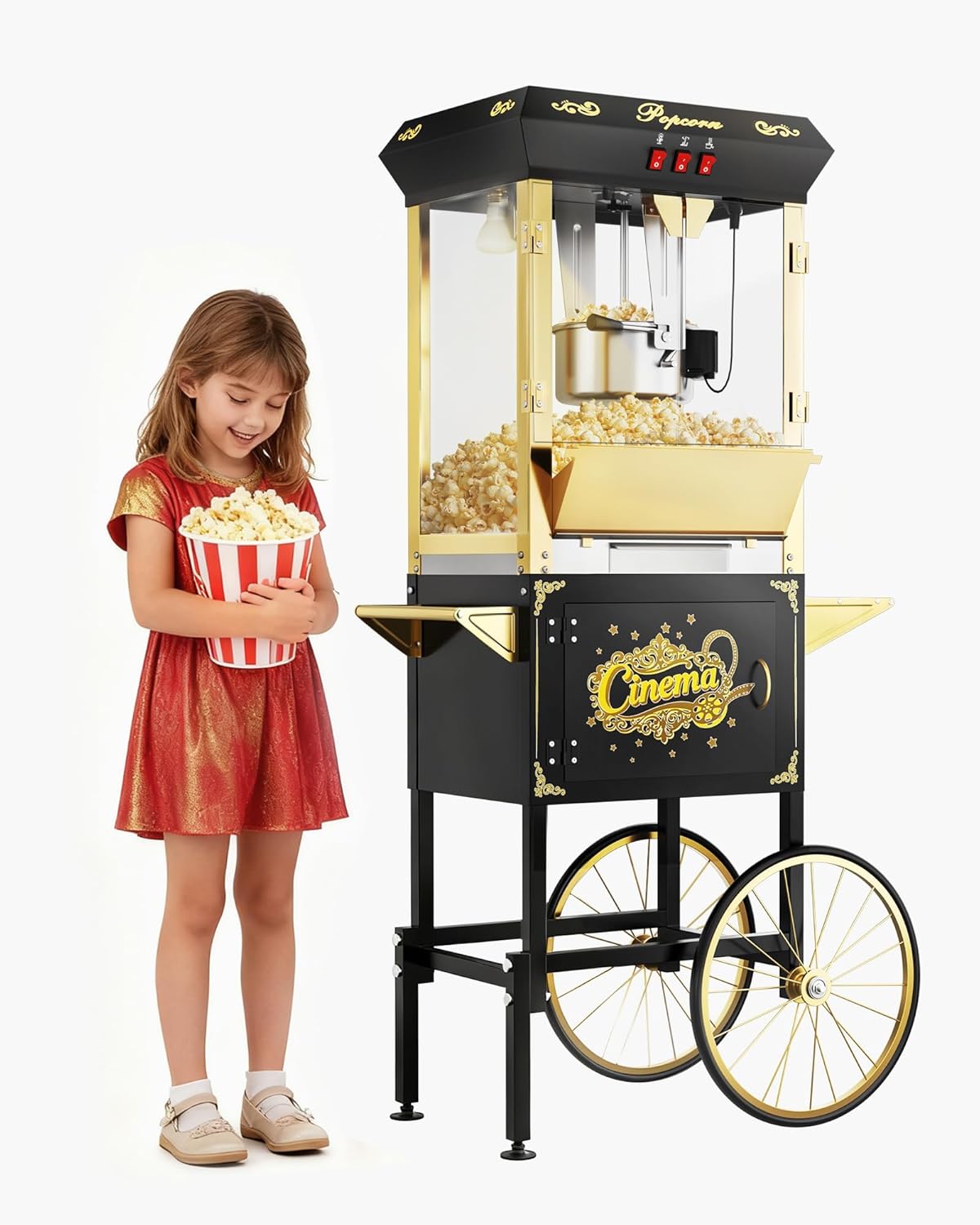 16oz Commercial Popcorn Machine with Cart, Large Popcorn Maker Machine with Wheels, Movie Theater Pop Corn Machine Stainless-Steel Kettle Makes Up to 80 Cups, Black&Gold