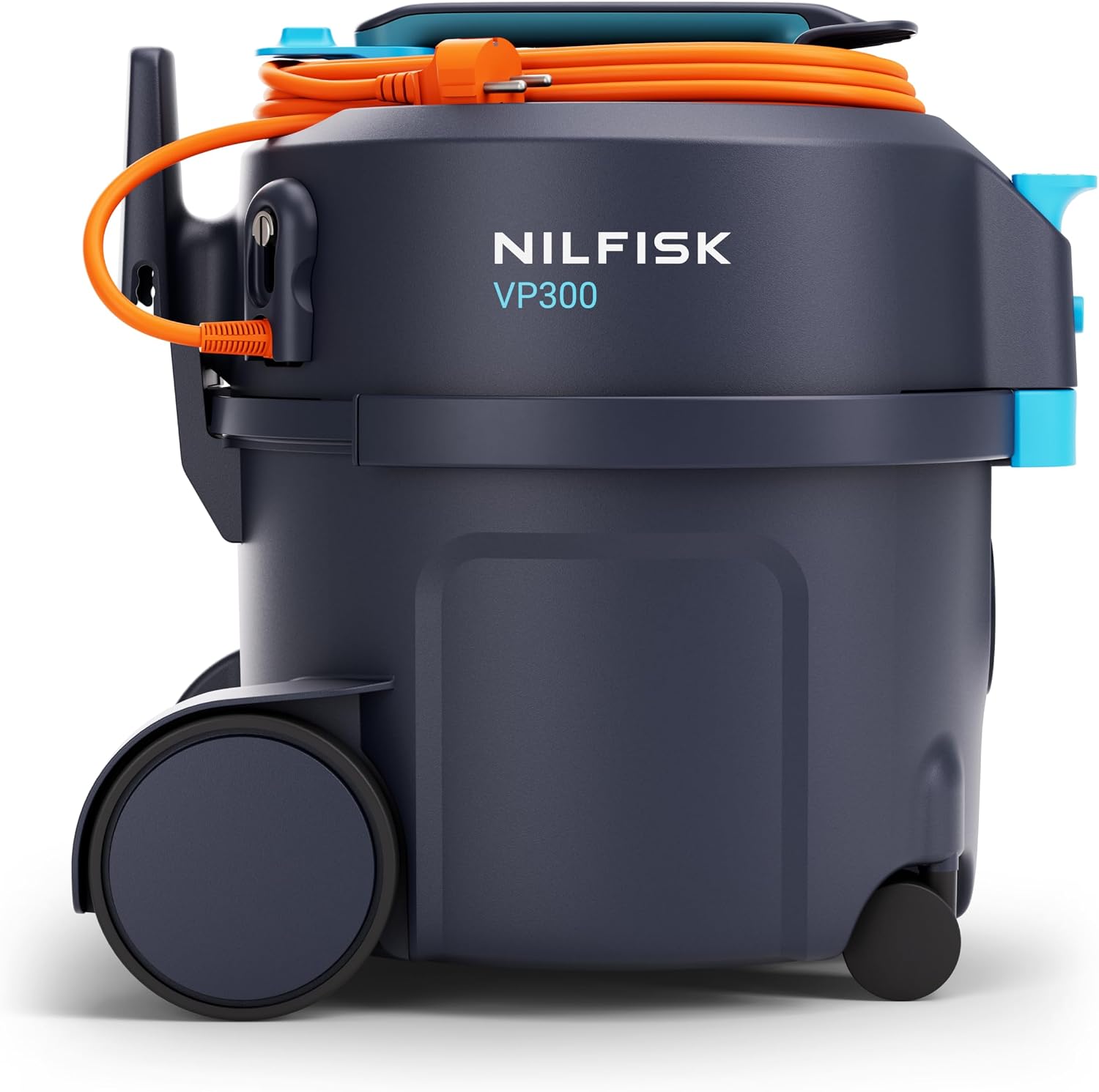 Side view of the Nilfisk VP300 HEPA Canister Vacuum with accessories stored.