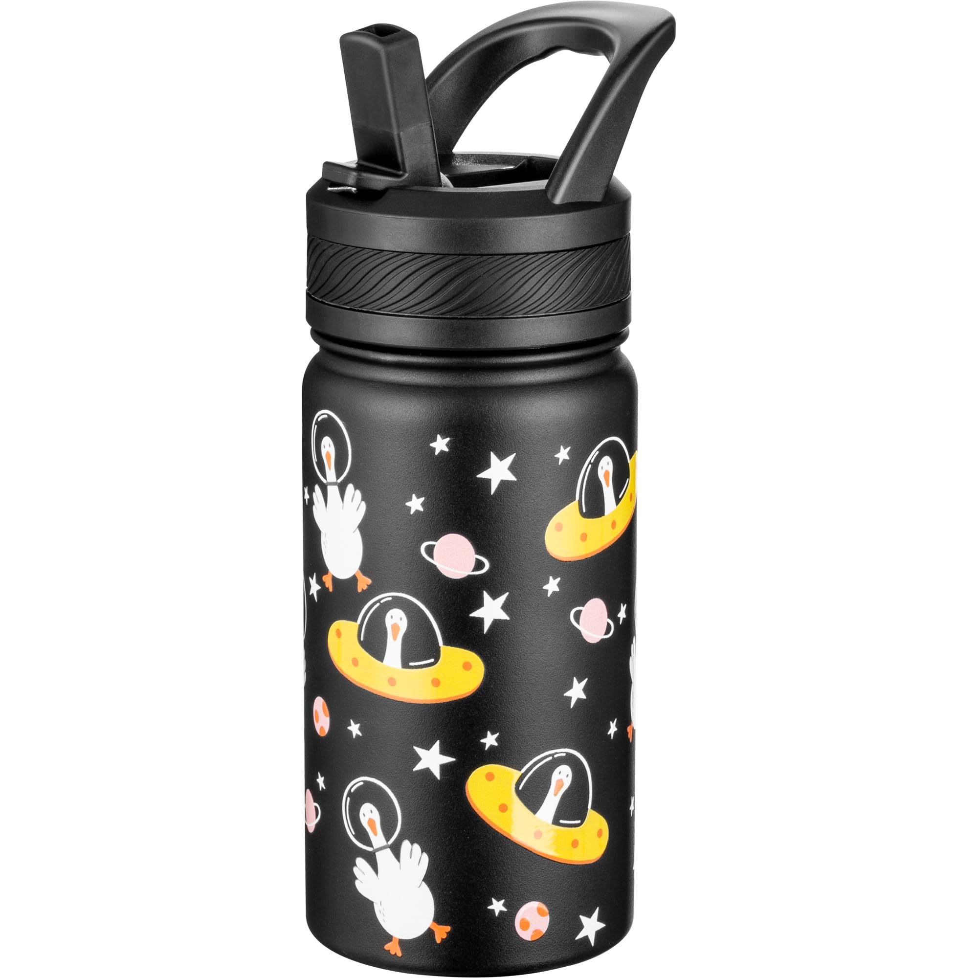 Fanhaw 14 Oz Kids Insulated Water Bottle with Straw - Stainless Steel Double Wall Vacuum Cup, Leakproof, BPA Free, Suitable for Boys and Girls(Black - Duck in Space)