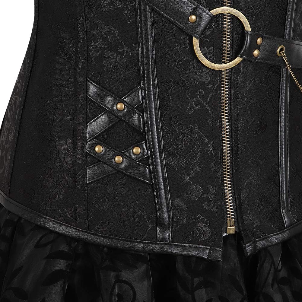 Grebrafan Steampunk Leather Corsets Bustiers Skirt Blouse Set 3 piece Boned Corset Outfits for Women