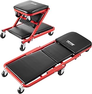 VEVOR Taburete Plegable para Garaje en Forma de Z, Capacidad de 136,1 kg, Bandeja para Herramientas 6 Ruedas, Asiento Acolchado, para Tumbarse o Sentarse para Garaje, Taller o Casa, 910 x 425 x 140 mm