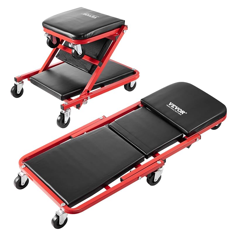 VEVOR Foldable Z Garage Creeper Maca Dobrável 2 em 1 com Assento, 6 Rodízios e Bandeja de Ferramentas, Estrutura de Aço, 91 cm, Vermelha