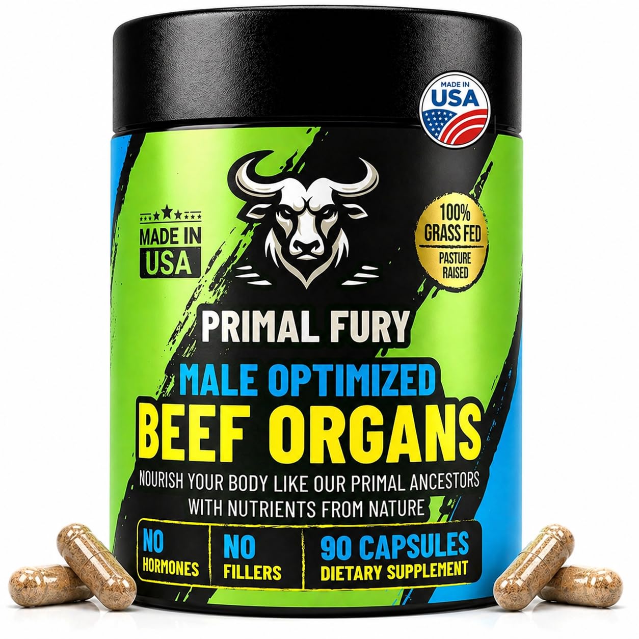 PRIMAL FURY Suplemento de órgãos bovinos para homens com 6 órgãos, 90 cápsulas