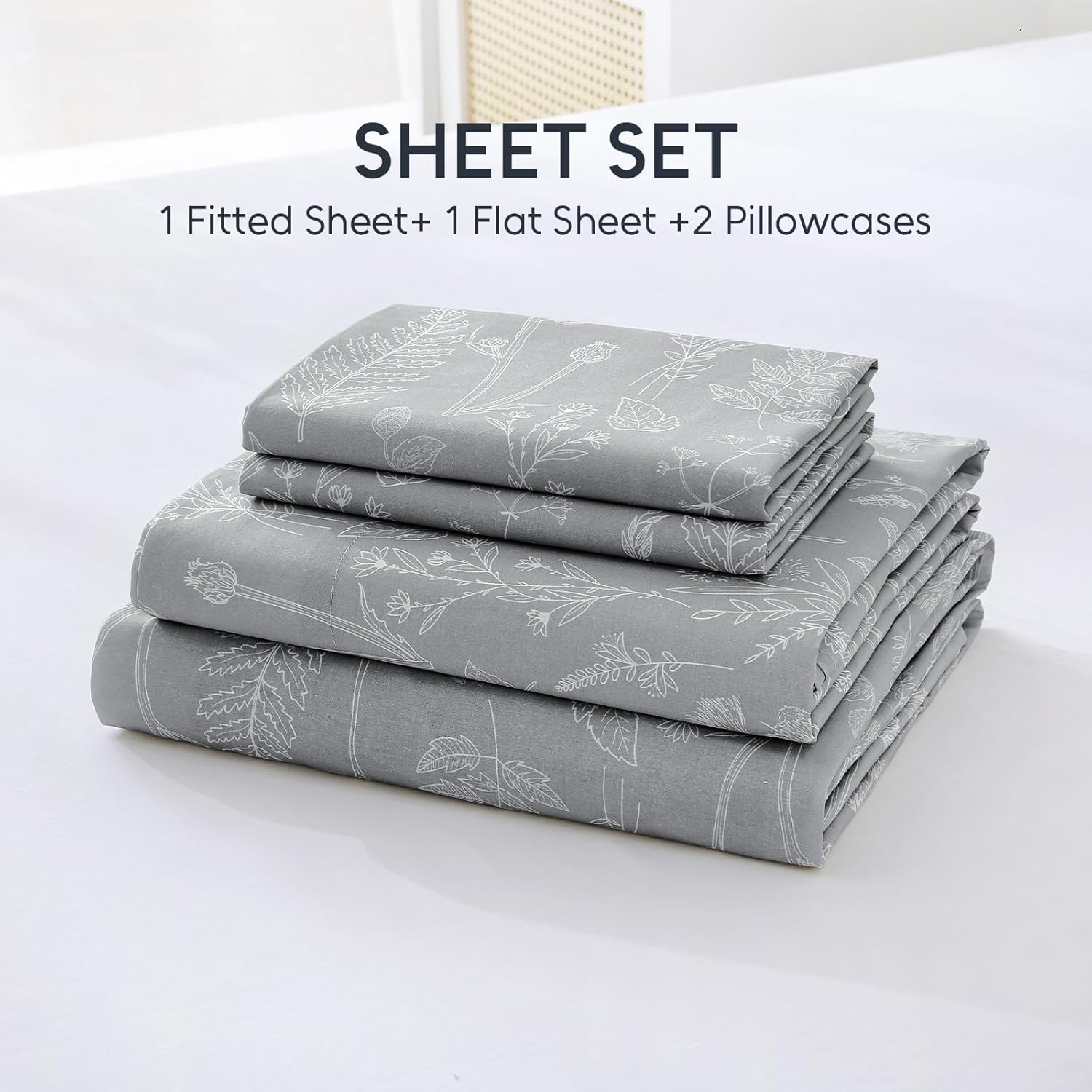 100% Natural Cotton Percale Sheets Set,Queen Size 4 PC, Breathable&Durable Hotel Quality Bedding, 16" Deep Pocket Botanical Floral Bedsheets,Gray