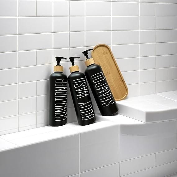 Black Glass Shampoo & Conditioner Dispenser Set with Bamboo Pumps & Tray - 3 Refillable Bottles for Shower, Pre-Labelled for Body Wash, Shampoo, Conditioner - 16.9oz/500ml Each