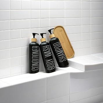 Black Glass Shampoo & Conditioner Dispenser Set with Bamboo Pumps & Tray - 3 Refillable Bottles for Shower, Pre-Labelled for Body Wash, Shampoo, Conditioner - 16.9oz/500ml Each