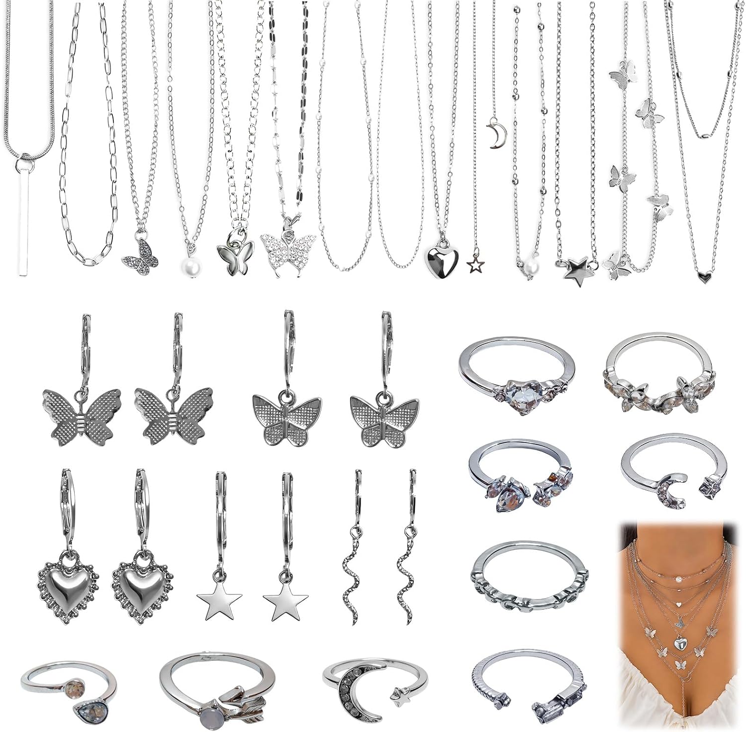 28 Pcs Y2K Necklace Set, 14 Necklaces 5 Earrings 9 Rings Jewelry Set