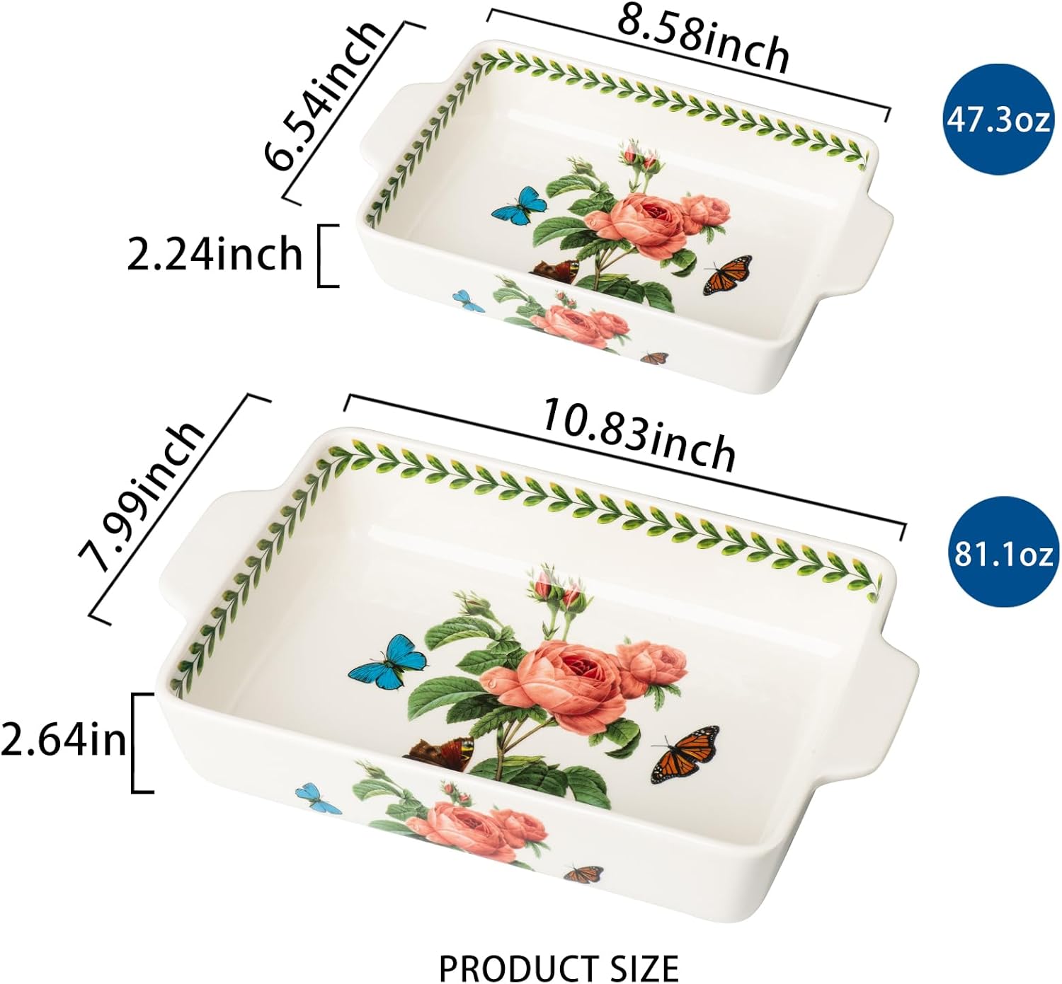 ONCCI In-Glaze Ceramic Baking Dish Set of 2 - Rectangular with Handles,Casserole dishes 10.8 * 7.99in & 8.58 * 6.54inch Sizes - Oven Safe for Cooking, Baking, Casseroles - Dishwasher Safe(Pink Rose)