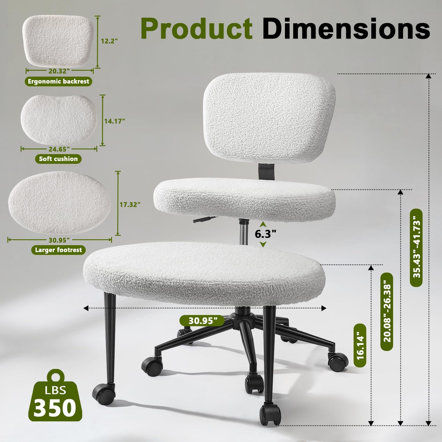 Waleaf Ergonomic Cross Legged Office Chair, ADHD Chair for Adults, Height Adjustable Meditation Chair with Wheels, Teddy Fabric Yoga Kneeling Chairs with Comfortable Back Support (White)