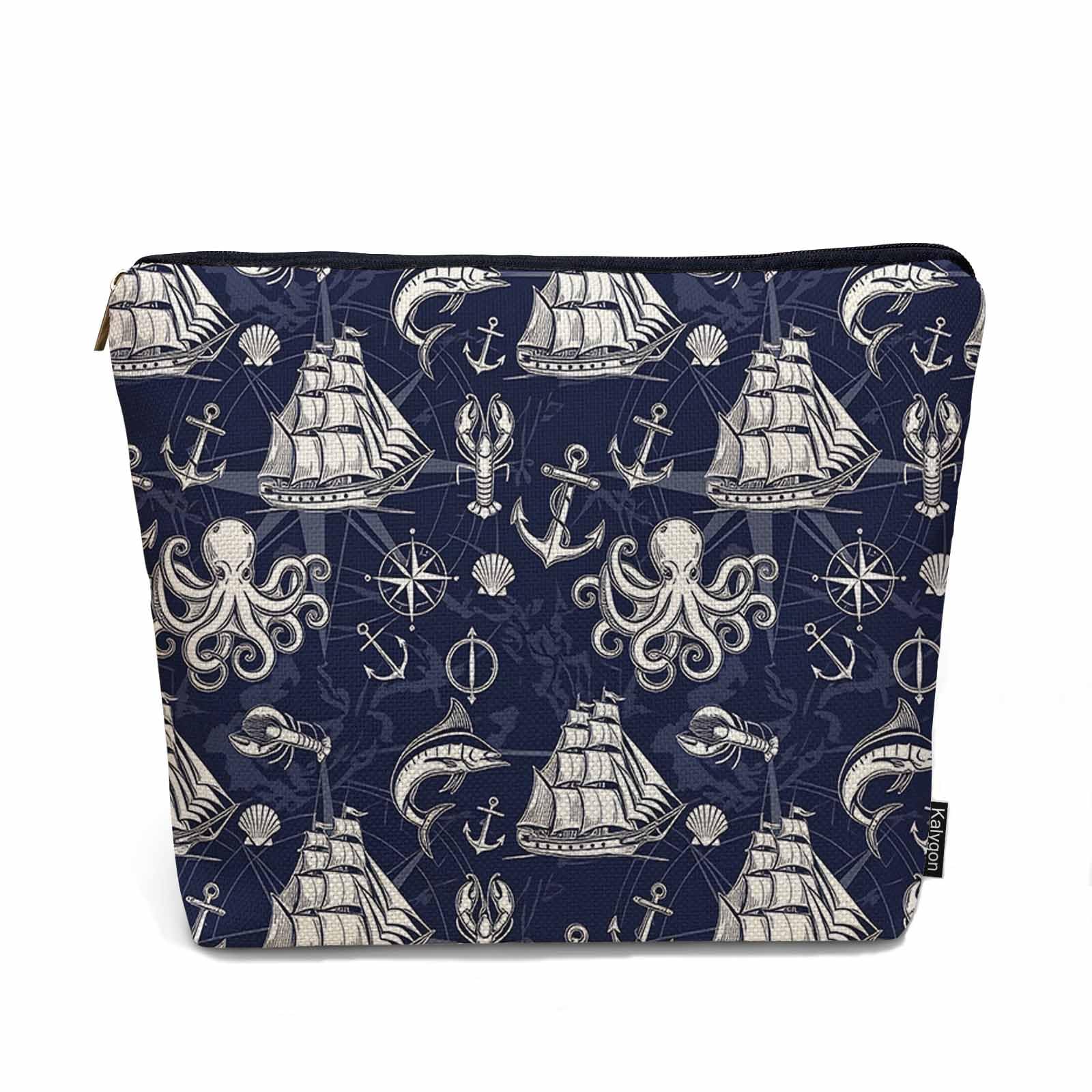 Kalygon Sailing Ship Cosmetic Bags, Octopus Lobster Nautical Compass Women Makeup Bag Toiletry Bag Accessories Organizer Storage Bags Makeup Pouch For
