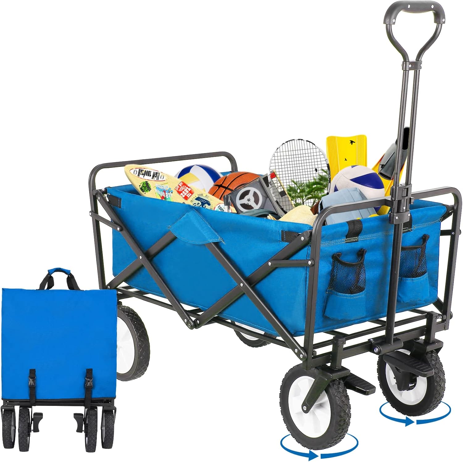 Arlopu Collapsible Folding Wagon Garden Cart, Outdoor Utility Beach Wagon, Heavy-Duty 7.8'' Brake All-Terrain Wheel Grocery Cart for Camping, Shopping, Picnic,Sport, Adjustable Handle&Carry Bag,170 LB