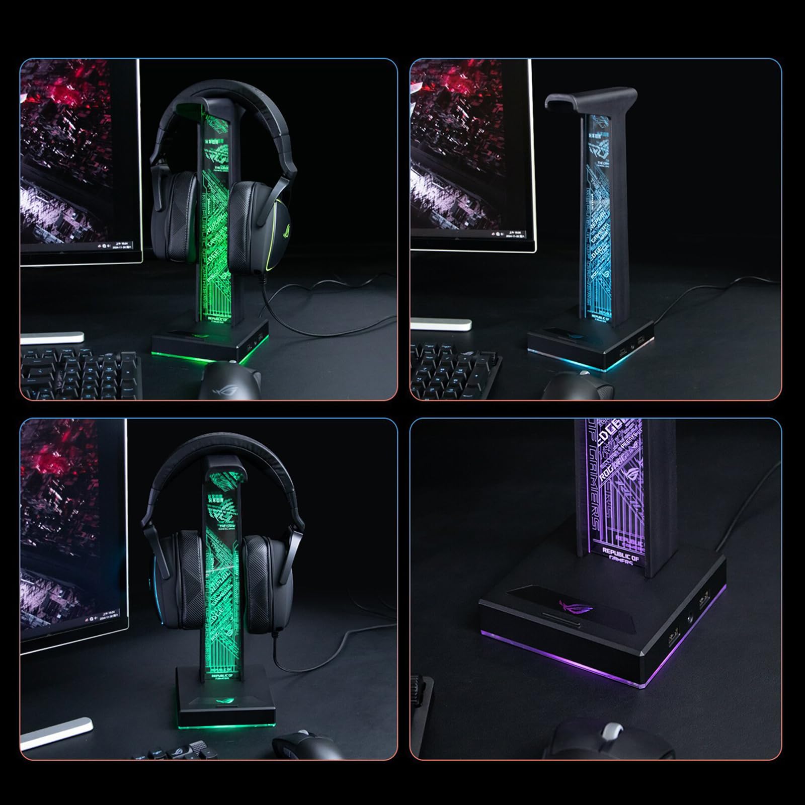 Support de casque de jeu avec éclairage RVB, support de casque LED avec 2 ports USB et ports audio de 3,5 mm, 10 modes d'éclairage pour tous les écouteurs