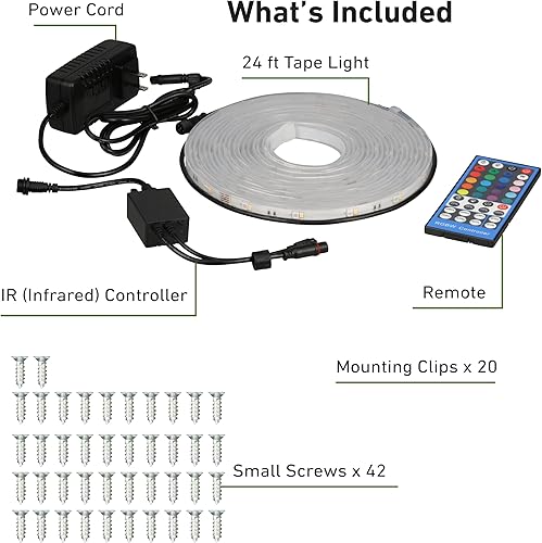 Miniatura 5 de Good Earth Lighting Luz LED de 24 pies con cambio de color RGB de 1500 lúmenes y cinta flexible IP65 de 3000 K para exteriores, enchufe, control