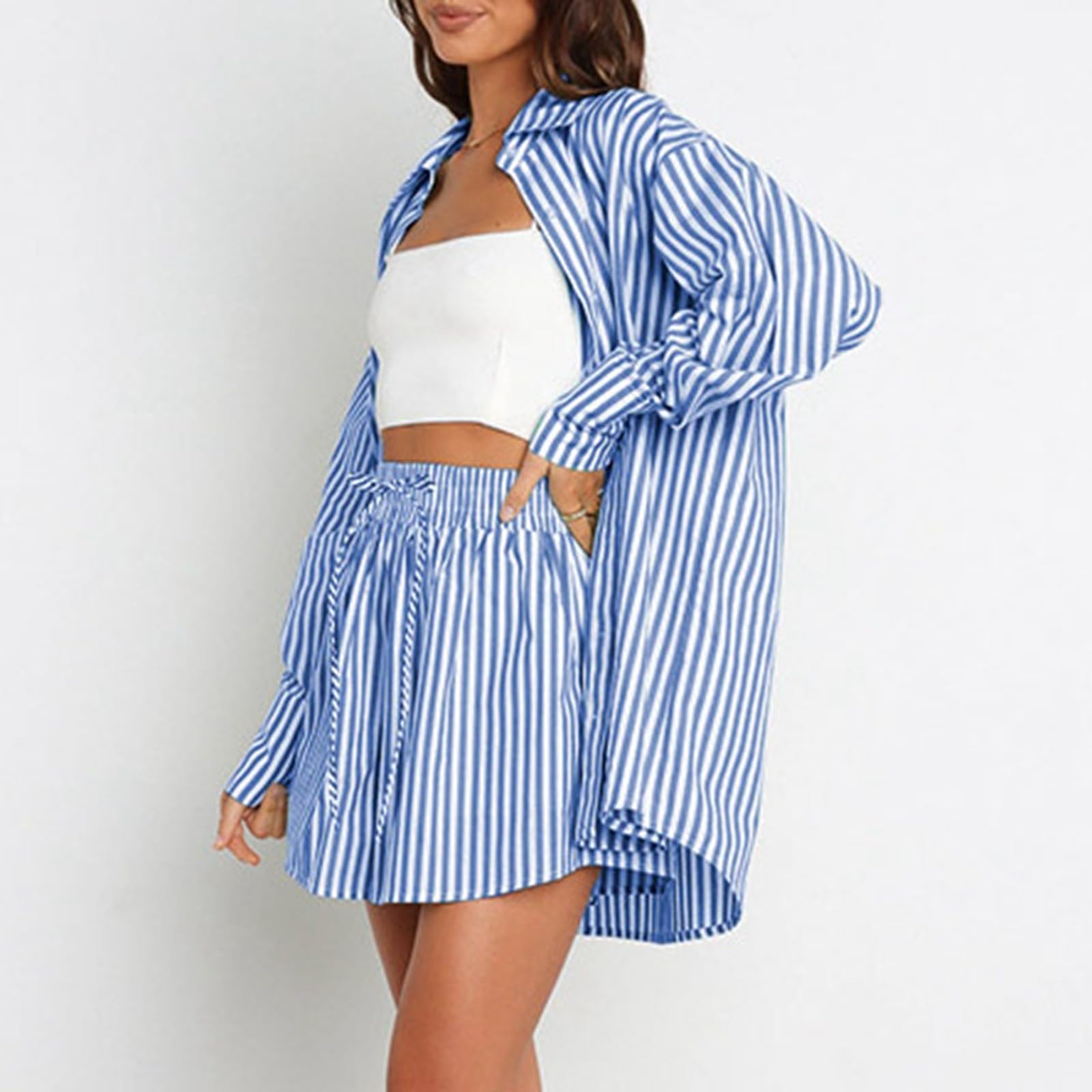 Conjunto de pantalones cortos casuales de primavera y verano para mujer, camisa a rayas de manga larga dividida de dos piezas